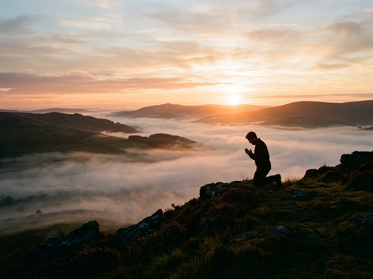 Person kneeling in meditation on a rocky hilltop with sunrise and misty hills